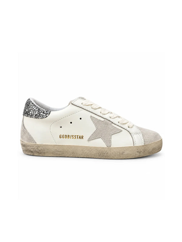 Golden goose super star with grey star and silver glitter heel tab